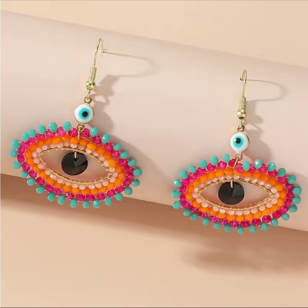 NWT Colorful Multicolor Beaded Evil Eye Earrings